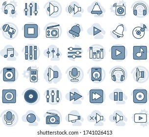 Blue tint and shade editable vector line icon set - vinyl vector, microphone, radio, speaker, settings, equalizer, headphones, play button, stop, fast forward, rec, tuning, bell, record, music, low