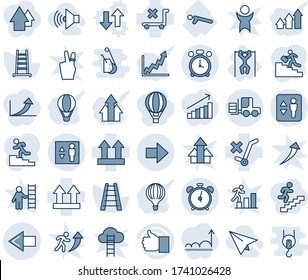 Blue tint and shade editable vector line icon set - elevator vector, alarm clock, left arrow, right, fork loader, ladder, push ups, pull, up side sign, no trolley, finger, career, volume max, graph