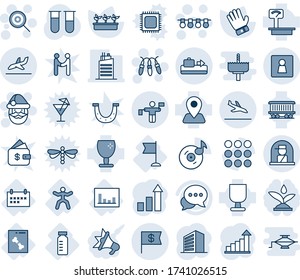 Blue tint and shade editable vector line icon set - arrival vector, baggage conveyor, traffic controller, female wc, officer window, santa claus, garland, lollipop, office building, growth statistic