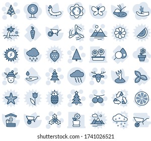 Tinta azul y sombra editable conjunto de iconos de línea vector - vector de tormenta, árbol de navidad, ciervo, holly, montañas, rowanberry, sombrero, carretilla, brote, mariposa, lluvia, pozo, oruga, estanque, análisis de sangre