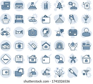 Blue tint and shade editable vector line icon set - reception vector, globe, smoking area sign, hotel, christmas tree, firework, pen, manager place, house, patient, gymnastics, term, folder document