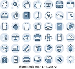 Blue tint and shade editable vector line icon set - hot cup vector, spoon and fork, cafe, coffee machine, lollipop, pills bottle, no alcohol sign, plate, fridge, restaurant table, cook hat, beer