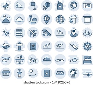 Blue tint and shade editable vector line icon set - taxi vector, departure, arrival, airport bus, ticket, reception bell, globe, ladder car, helicopter, seat map, flight table, luggage scales, plane