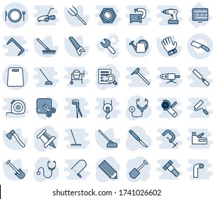 Jeu d'icônes de ligne vectorielle modifiable en teinte bleue et en ombre - vecteur de fourche à plaque, recherche de documents, épingle de dessin, emploi, crayon, pelle, ferme, râteau, arrosage, gant, scie, houe, hache, stéthoscope, scalpel