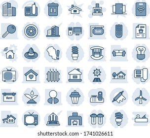 Blue tint and shade editable vector line icon set - tv vector, fireplace, radio phone, office building, house, with garage, tree, estate document, rent, sold signboard, agent, key, children room, pc