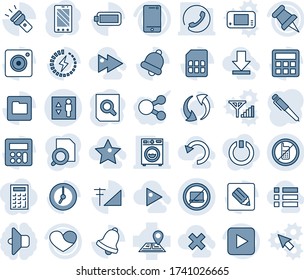 Blue tint and shade editable vector line icon set - no mobile vector, laptop, elevator, phone, document search, navigation, cell, heart, paper pin, play button, update, camera, calculator, clock