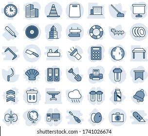 Blue tint and shade editable vector line icon set - signpost vector, border cone, office binder, shovel, rain, hoe, sickle, caterpillar, thermometer, kidneys, milk, eggs, clock, vinyl, bell, torch