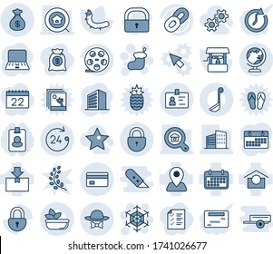 Blue tint and shade editable vector line icon set - globe vector, lock, 24 hours, identity, christmas sock, snowflake, office building, notebook pc, well, caterpillar, navigation, term, package