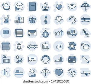 Blue tint and shade editable vector line icon set - baggage conveyor vector, airport bus, tea, credit card, fork loader, christmas tree, sock, ball, heart, butterfly, fire, hospital building, tooth