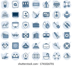 Blue tint and shade editable vector line icon set - office building vector, presentation board, bulb, shovel, farm fork, fence, saw, lawn mower, picnic table, fertilizer, diagnosis, heart shield, tv