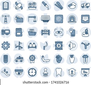 Blue tint and shade editable vector line icon set - dispatcher vector, antenna, barrier, escalator, reception, stamp, clouds, sickle, caterpillar, bird house, dropper, ambulance car, real heart, sd