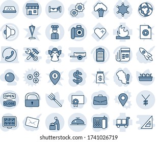 Tinta azul y sombra editable conjunto de iconos de línea vector - vector de taxi, campana de cliente, habitación de bebé, libre de impuestos, hotel, ángel, signo de dólar, estuche, horquilla de granja, plántula, pulso de monitoreo, corazón, brócoli, carga, noticias