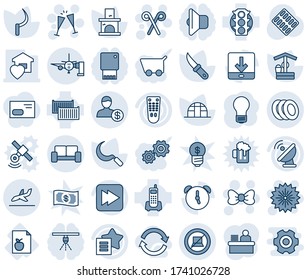 Blue tint and shade editable vector line icon set - arrival vector, no computer sign, vip waiting area, boarding passengers, firework, bow, wine glasses, santa stick, bulb, well, sickle, fireplace