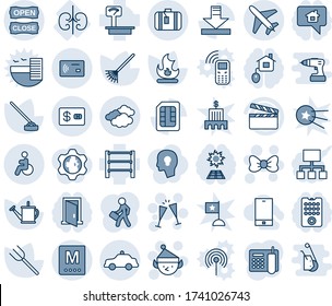 Blue tint and shade editable vector line icon set - plane vector, clouds, suitcase, safety car, disabled, bow, wine glasses, christmas elf, farm fork, rake, watering can, fire, hoe, kidneys, rack