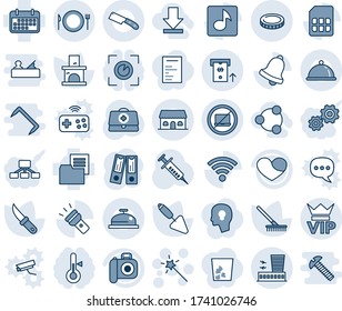Blue tint and shade editable vector line icon set - no laptop vector, vip, airport building, plate spoon fork, Magic wand, office binder, trowel, rake, garden knife, fireplace, doctor case, syringe