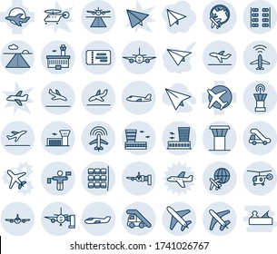 Blue tint and shade editable vector line icon set - plane vector, airport tower, runway, radar, departure, arrival, ticket, ladder car, boarding, seat map, globe, building, traffic controller, small