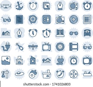 Blue tint and shade editable vector line icon set - elevator vector, alarm clock, tv, cafe, phone, star postcard, abacus, stamp, fireplace, film frame, vinyl, flame disk, gallery, money chest, coil