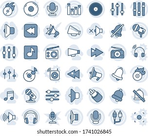 Blue tint and shade editable vector line icon set - vinyl vector, flame disk, microphone, radio, speaker, loudspeaker, settings, equalizer, headphones, rewind, rca, tuning, bell, mute, music, off