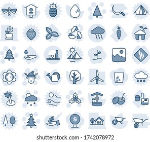 Blue tint and shade editable vector line icon set - storm vector, christmas tree, snowfall, holly, deer hat, watering can, wheelbarrow, water drop, well, bird house, tonometer, three leafs, carrot