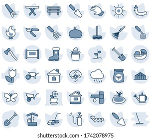 Blue tint and shade editable vector line icon set - fence vector, job, trowel, garden fork, shovel, ripper, rake, watering can, wheelbarrow, bucket, pruner, glove, boot, saw, lawn mower, butterfly