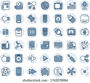 Blue tint and shade editable vector line icon set - tv vector, brainstorm, reel, camera, satellite, equalizer, microphone, remote control, network, cell phone, monitor, radio, share, speaker, rca
