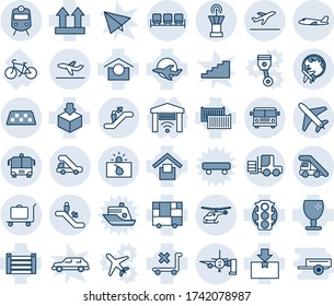 Blue tint and shade editable vector line icon set - plane vector, taxi, departure, baggage trolley, airport bus, train, escalator, ladder car, helicopter, globe, tower, waiting area, terrorism, bike