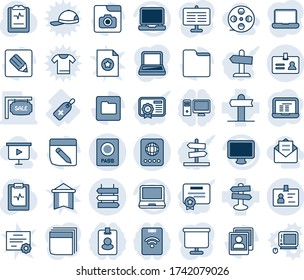 Blue tint and shade editable vector line icon set - passport vector, identity, sign post, notebook pc, pulse clipboard, medical label, signpost, monitor, laptop, folder, notes, photo gallery, sale