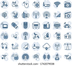 Blue tint and shade editable vector line icon set - antenna vector, wireless notebook, satellite, office phone, radio, remote control, cellular signal, upload cloud, lock, router, garage gate, mouse