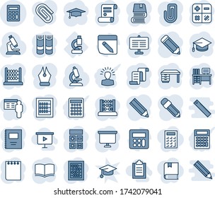 Blue tint and shade editable vector line icon set - contract vector, book, calculator, graduate, abacus, desk, notepad, presentation board, pencil, microscope, lab, notes, copybook, paper clip, hat