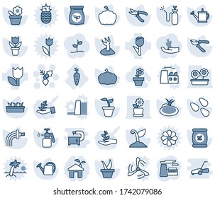 Blue tint and shade editable vector line icon set - holly vector, factory, flower in pot, seedling, watering can, sproute, pruner, pumpkin, seeds, pond, garden sprayer, fertilizer, carrot, tulip