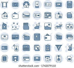 Blue tint and shade editable vector line icon set - credit card vector, identity, ticket, christmas sock, sleigh, wreath, star postcard, sale, medical calendar, gallery, sd, sim, mobile payment, atm
