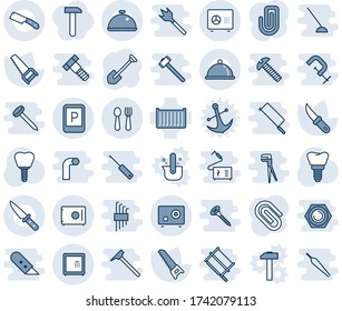 Blue tint and shade editable vector line icon set - parking sign vector, spoon and fork, safe, job, saw, garden knife, implant, cargo container, paper clip, dish, work, anchor, casting of steel, nut