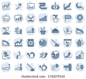Zeichensatz für bearbeitbare blaue Farbtöne und Farbtöne - Wachstumsstatistik Vektor, Saatgut, Wasserkanüle, Keim, Keim, Sichel, Gewächshaus, Dünger, Tropfbewässerung, Statistik, Balkendiagramm, Kuchen, Punkt