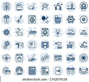 Blue tint and shade editable vector line icon set - fork loader vector, coffee machine, metal detector gate, travolator, snowmobile, gear, ripper, lawn mower, tomography, mri, heart, atm, printer