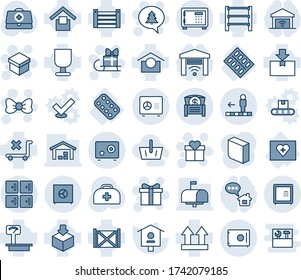 Blue tint and shade editable vector line icon set - safe vector, checkroom, travolator, gift, bow, merry christmas message, sleigh, bird house, doctor case, first aid kit, pills blister, container