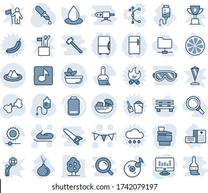 Blue tint and shade editable vector line icon set - snowmobile vector, flag garland, statistic monitor, water drop, bench, dropper, broken bone, hospital building, counter, lemon slice, onion, music