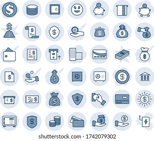 Blue tint and shade editable vector line icon set - credit card vector, safe, money bag, coin, dollar sun, smile, bank, receipt, atm, account statement, piggy, investment, cash pay, encashment