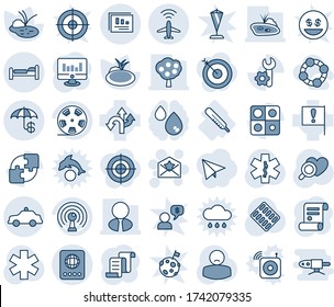 Blue tint and shade editable vector line icon set - plane radar vector, passport, bed, safety car, star letter, contract, statistic monitor, pond, heart diagnostic, pills blister, ambulance, patient