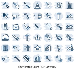 Blue tint and shade editable vector line icon set - border cone vector, baggage room, office building, trowel, shovel, ladder, wheelbarrow, saw, house, with tree, city, crane, home, message, work