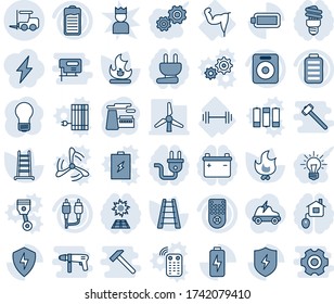 Blue tint and shade editable vector line icon set - fork loader vector, bulb, factory, ladder, fire, barbell, power hand, remote control, speaker, battery, rca, protect, charge, windmill, home, plug
