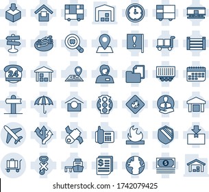 Blue tint and shade editable vector line icon set - plane vector, baggage, route, signpost, navigation, earth, pin, important flag, satellite, cash, traffic light, office phone, 24 hours, support