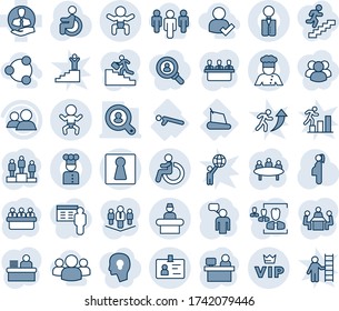 Blue tint and shade editable vector line icon set - female vector, baby, disabled, reception, vip, identity, speaking man, pedestal, meeting, manager place, pregnancy, treadmill, push ups, client
