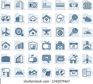 Blue tint and shade editable vector line icon set - office building vector, house, with tree, pond, pool, sun panel, windmill, water supply, mountains, garage, warehouse, fence, rent, sold signboard