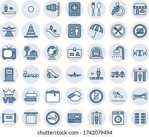 Blue tint and shade editable vector line icon set - runway vector, fence, arrival, suitcase, spoon and fork, cafe, security gate, umbrella, elevator, escalator, no mobile, laptop, smoking, signpost