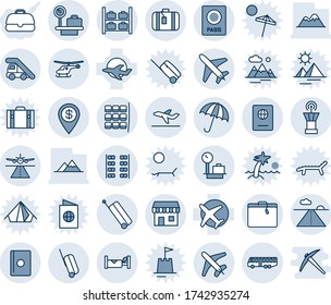 Blue tint and shade editable vector line icon set - plane vector, runway, suitcase, airport bus, umbrella, passport, ladder car, helicopter, seat map, luggage storage, scales, tower, departure, case