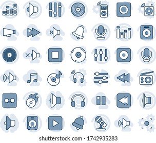 Blue tint and shade editable vector line icon set - vinyl vector, flame disk, microphone, radio, speaker, settings, equalizer, headphones, play button, stop, rewind, rec, tuning, bell, record, music