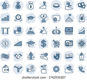 Blue tint and shade editable vector line icon set - dispatcher vector, dollar sign, graduate, cash, coin, sun, money bag, investment, bar graph, target, handshake, career ladder, hat, motivation