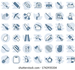 Blue tint and shade editable vector line icon set - spoon and fork vector, document search, job, garden, ladder, watering can, saw, hoe, sickle, axe, scalpel, themes, torch, paper clip, pen, trowel