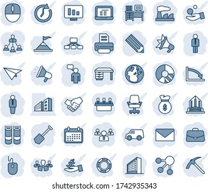 Blue tint and shade editable vector line icon set - manager vector, speaking man, mail, office building, book, case, team, mouse, desk, notebook pc, job, factory, statistic monitor, pencil, printer