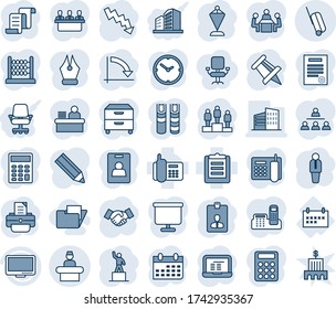 Blue tint and shade editable vector line icon set - reception vector, suitcase, manager, handshake, contract, identity card, pedestal, pennant, notebook pc, crisis graph, drawing pin, calendar, desk